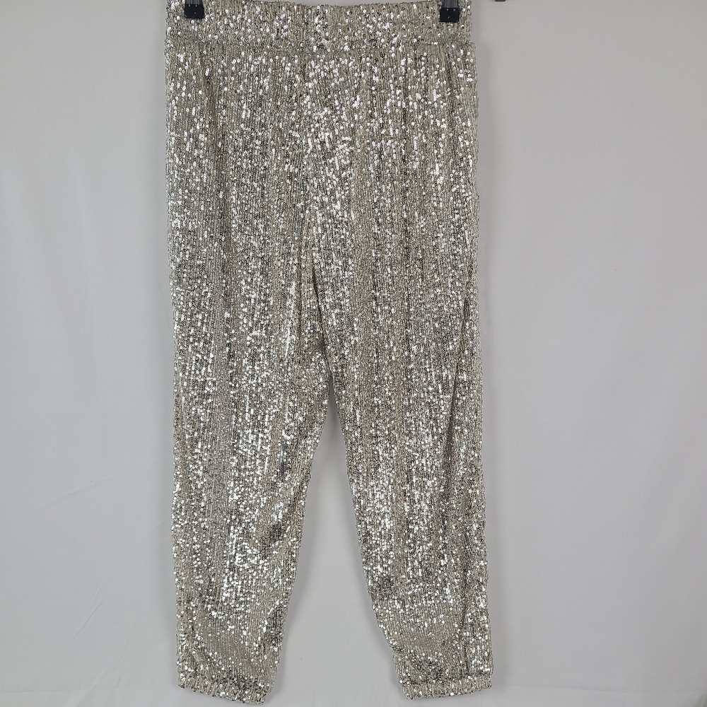 Shoedazzle Women's Cropped Sequin Party Trouser Jogger Pants Silver Sz M